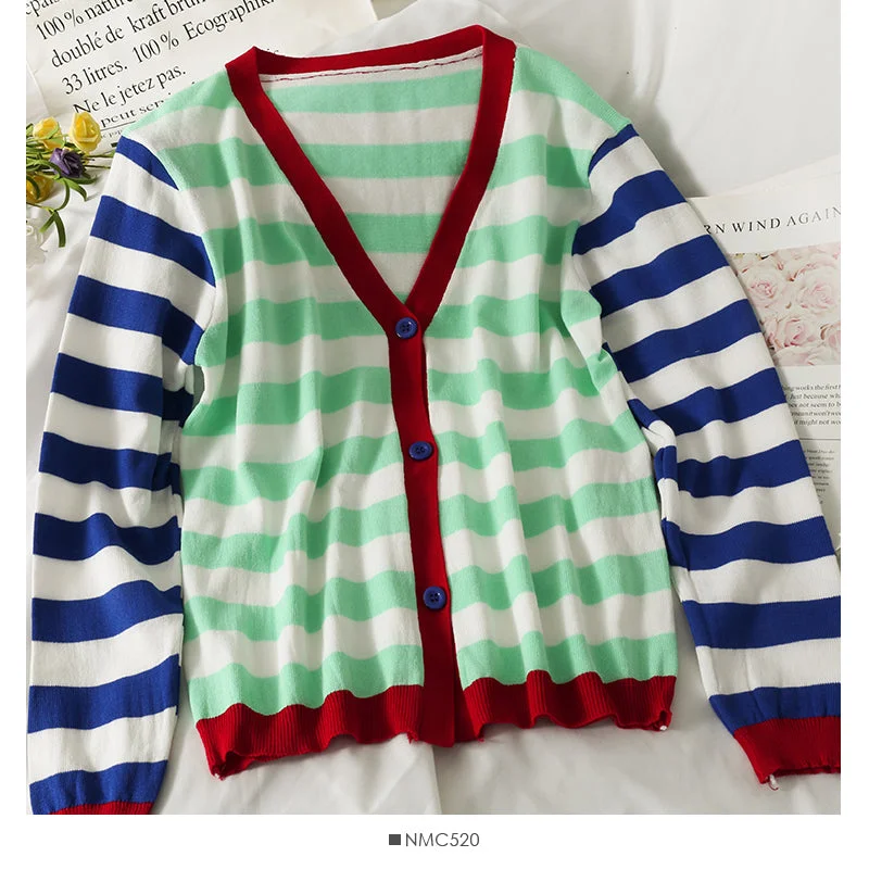 Contrast stitched striped single breasted V-neck T-shirt women's 2029 Terry Blend Velvet Blend Canvas Blend Contrast stitched striped single breasted V-neck T-shirt women's 2029 Terry Blend Velvet Blend Canvas Blend
