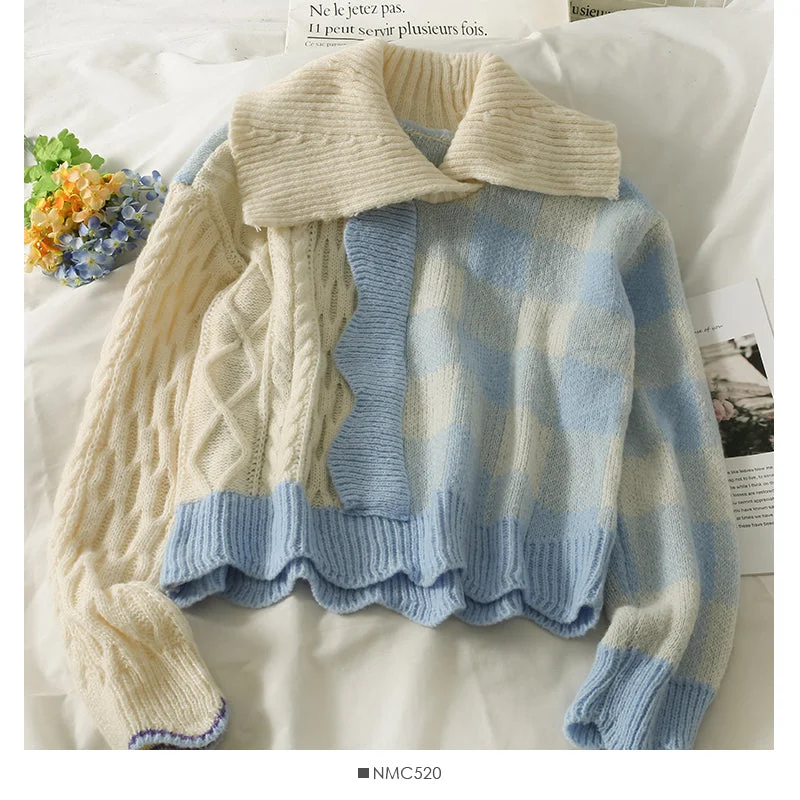 Elegant style color blocking large lapel Plaid loose knit women's shirt 1899 Zippered Front Buttoned Front Snap Front Elegant style color blocking large lapel Plaid loose knit women's shirt 1899 Zippered Front Buttoned Front Snap Front