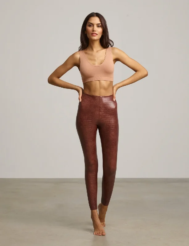 Faux Leather Animal Legging | Brown Croc Elegant Satin Finish Leggings