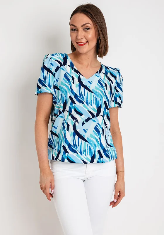 Leon Collection Leaf Print T-Shirt, Blue Graphic T-Shirt Round Neck Polyester