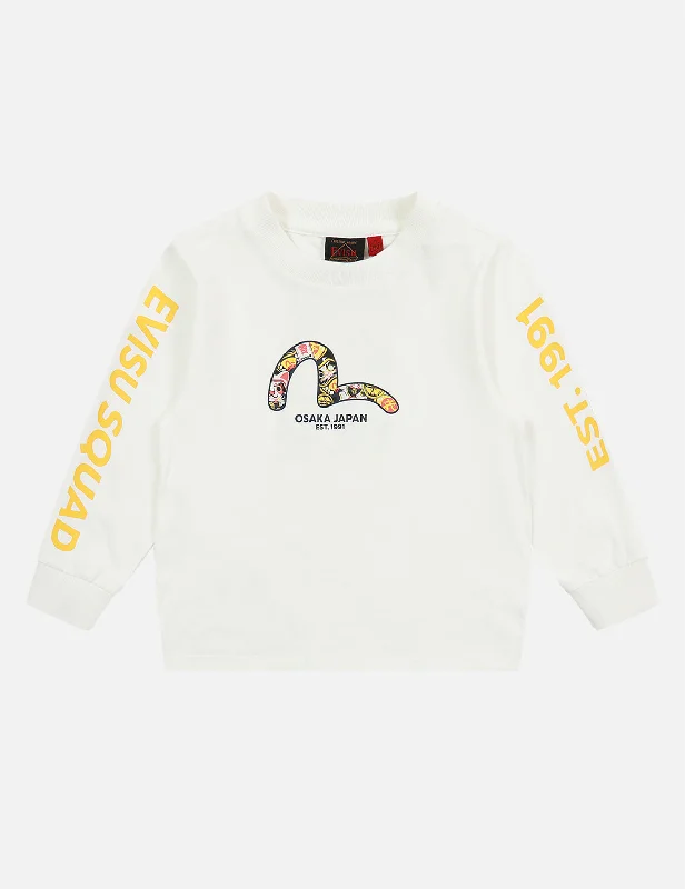 Fortune Cat and Seagull Print Long-Sleeve T-shirt Asymmetrical Pockets Print