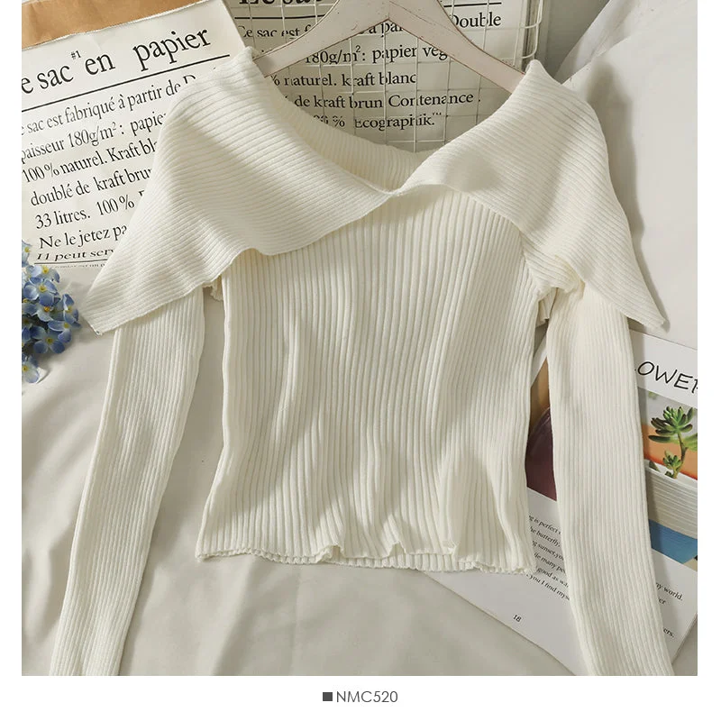 French minority design, one line shoulder with clavicle exposed, short long sleeve T-shirt 2083 Notch Collar Peter Pan Collar Cowl Neck French minority design, one line shoulder with clavicle exposed, short long sleeve T-shirt 2083 Notch Collar Peter Pan Collar Cowl Neck