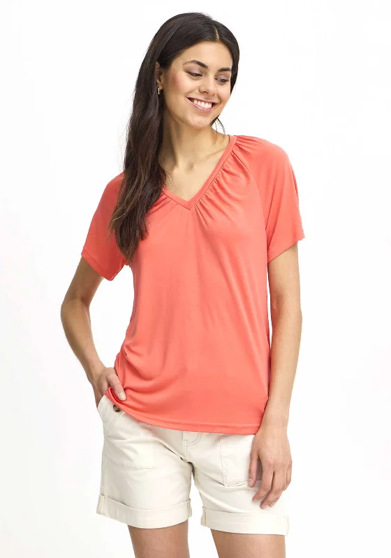 Fransa Joselyn V Neck T-Shirt, Hot Coral Fitted T-Shirt Seamless Stretchy