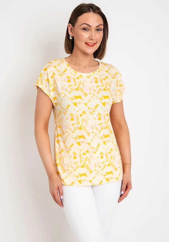 Fransa Seen Wave Print Round Neck T-Shirt, Yellow & Pink Ribbed T-Shirt High Neck Heavyweight