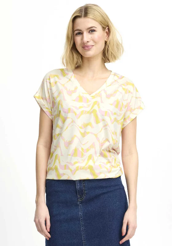Fransa Seen Wave V Neck T-Shirt, Yellow & Pink Satin Blend Silk Blend Wool Blend