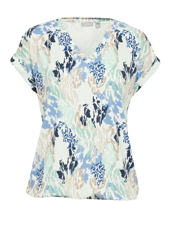 Fransa Seen Wave V Neck T-Shirt, Blue Multi Spandex Blend Rayon Blend Denim Blend