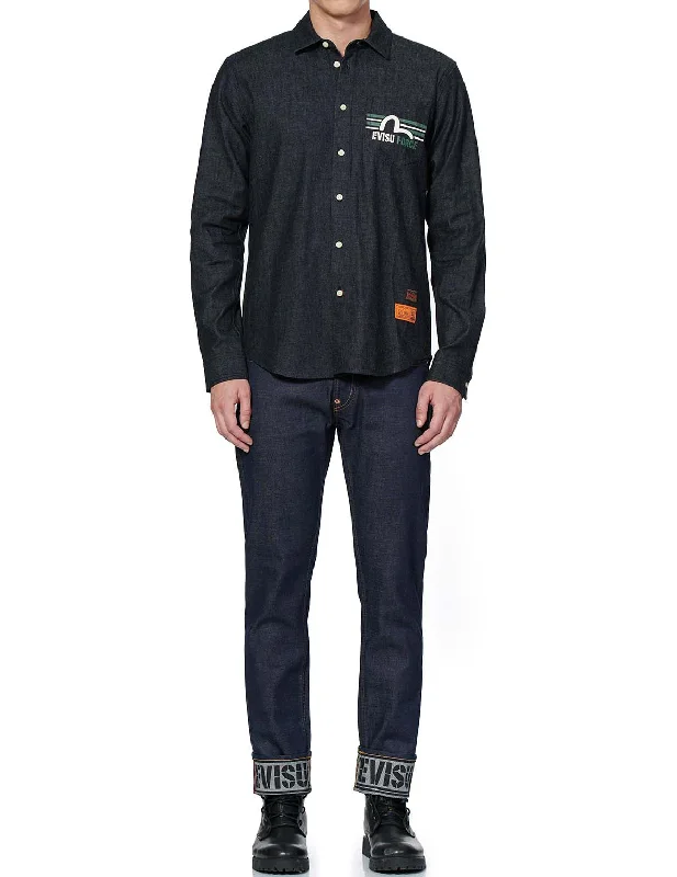 Geometric Godhead Printed Denim Shirt Sequined Glittery Shiny