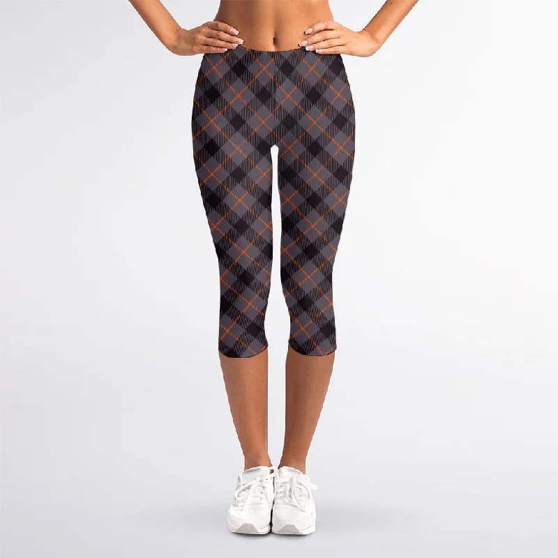 Grey And Orange Plaid Pattern Print Women's Capri Leggings Fashionable Ribbed Knit Leggings