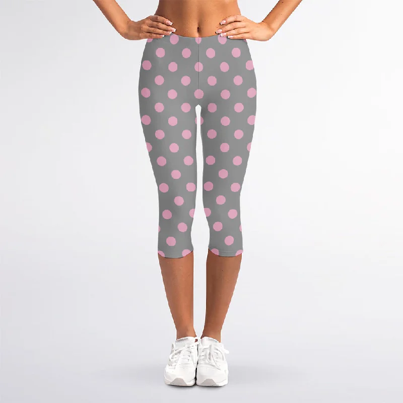 Grey And Pink Polka Dot Pattern Print Women's Capri Leggings Stylish Capri Leggings