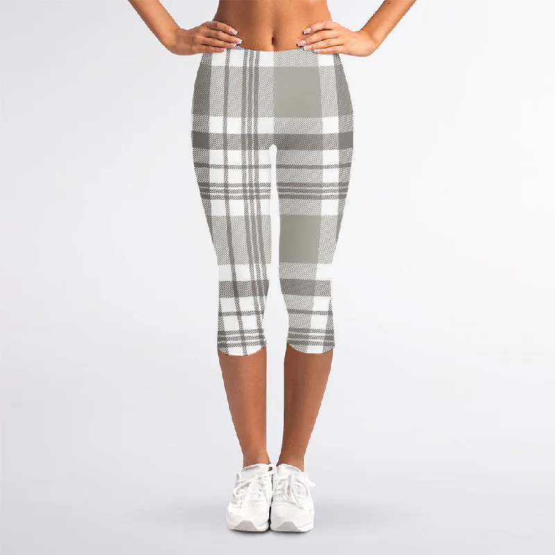 Grey And White Border Tartan Print Women's Capri Leggings Elegant Sheer Leggings