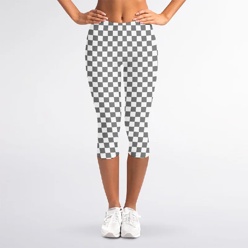 Grey And White Checkered Pattern Print Women's Capri Leggings Trendy Faux Suede Leggings