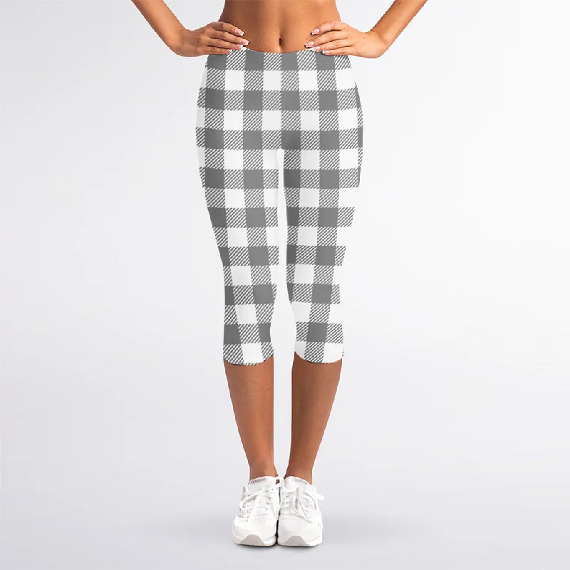 Grey And White Gingham Pattern Print Women's Capri Leggings Comfortable Tummy Shaping Leggings