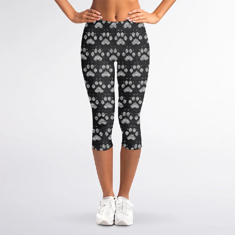 Grey And White Paw Knitted Pattern Print Women's Capri Leggings Comfortable Zip-Up Leggings