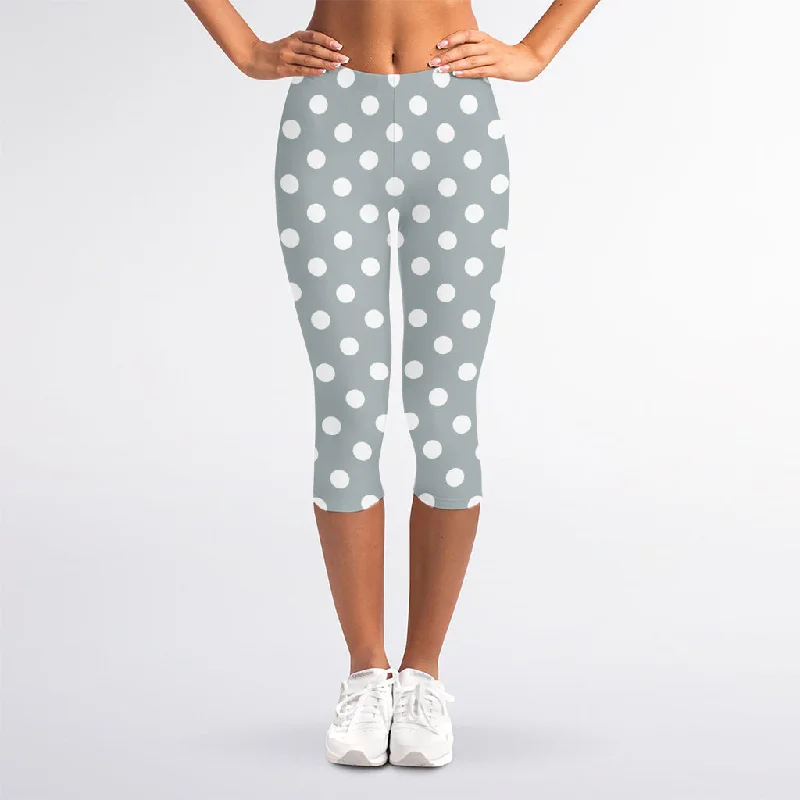 Grey And White Polka Dot Pattern Print Women's Capri Leggings Fashionable Sports Compression Leggings