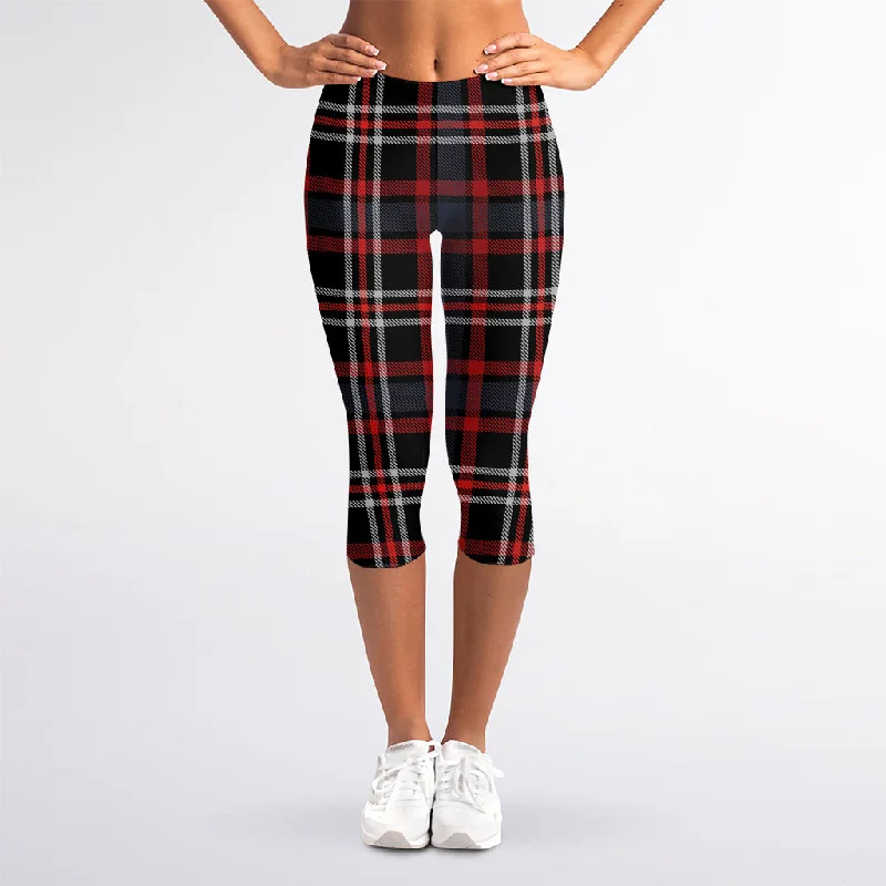 Grey Black And Red Scottish Plaid Print Women's Capri Leggings Trendy Spandex Leggings