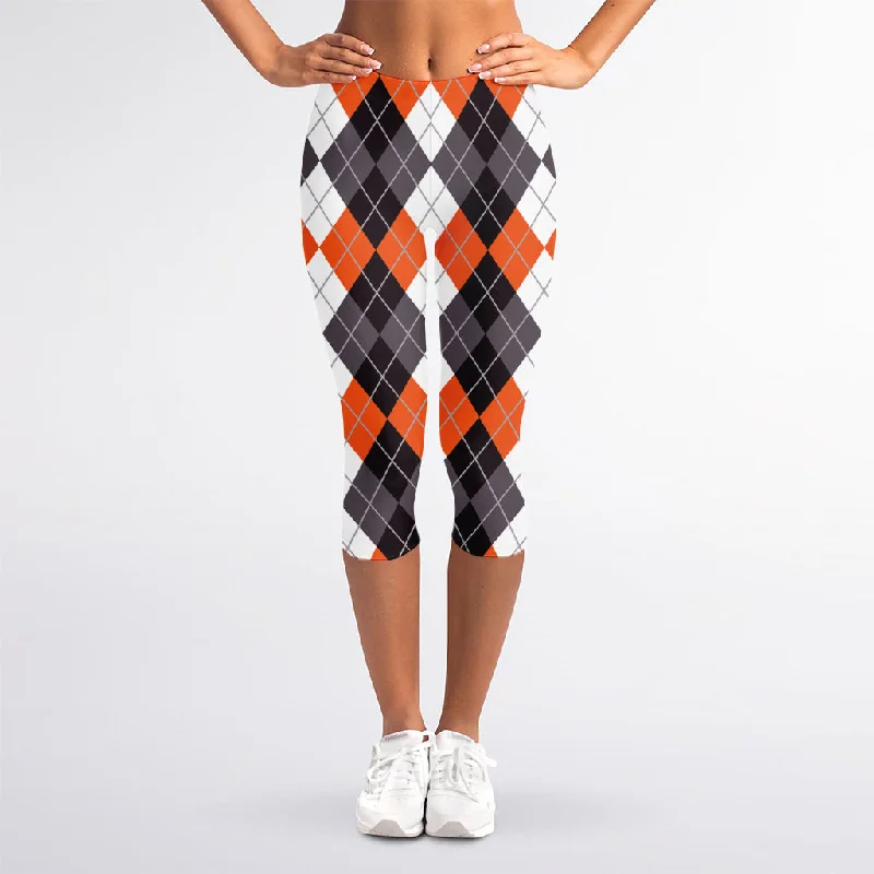 Grey Black Orange And White Argyle Print Women's Capri Leggings Chic Printed Yoga Pants