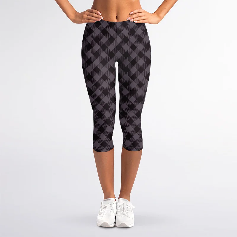 Grey Buffalo Plaid Pattern Print Women's Capri Leggings Elegant Embellished Leggings