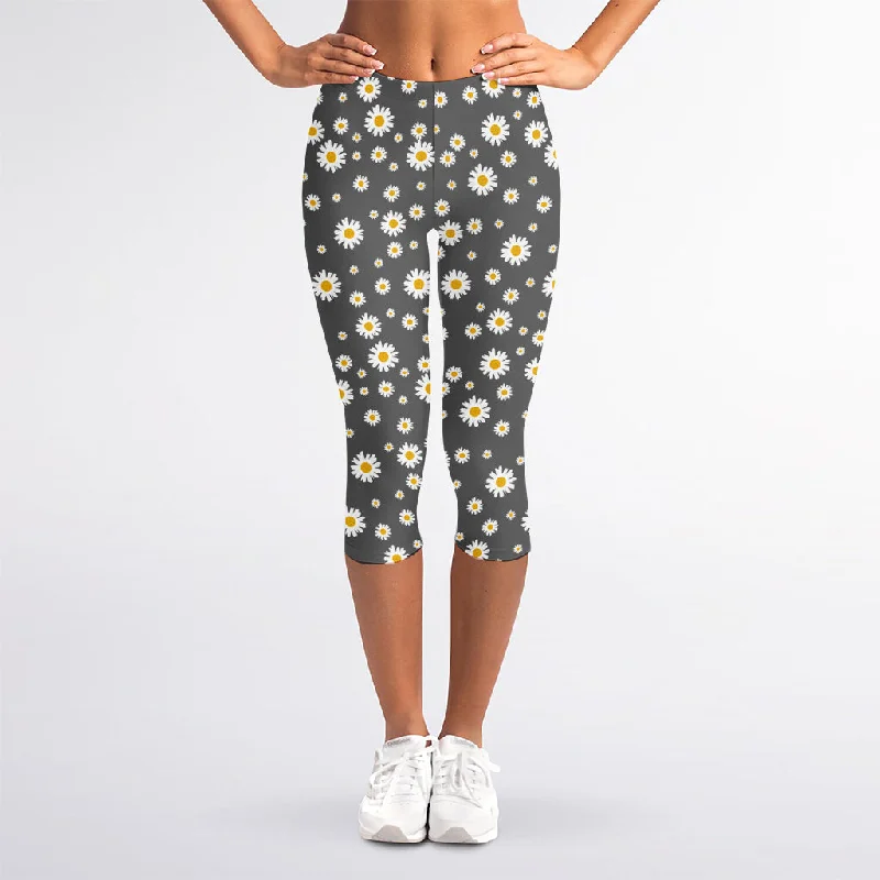 Grey Daisy Floral Pattern Print Women's Capri Leggings Fashionable Quick-Dry Leggings