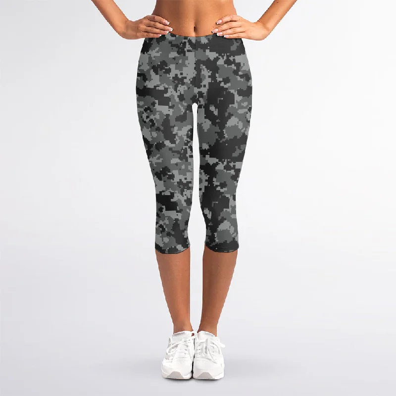 Grey Digital Camo Pattern Print Women's Capri Leggings Trendy High-Waist Tummy Control Leggings