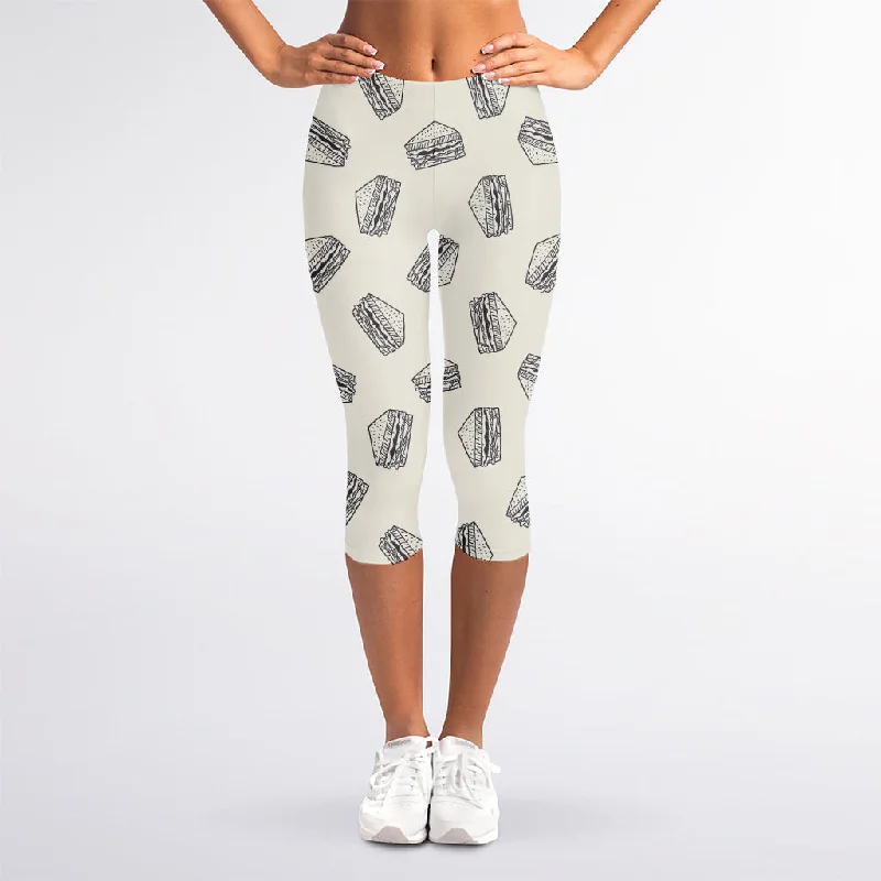 Grey Doodle Sandwich Pattern Print Women's Capri Leggings Fashionable Solid Color Tights