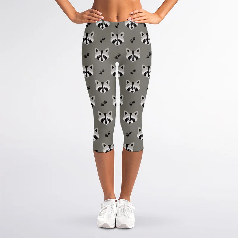 Grey Raccoon Pattern Print Women's Capri Leggings Fashionable Printed Legging Pants