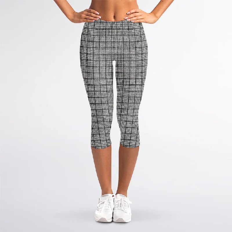 Grey Windowpane Pattern Print Women's Capri Leggings Comfortable Bootcut Workout Leggings