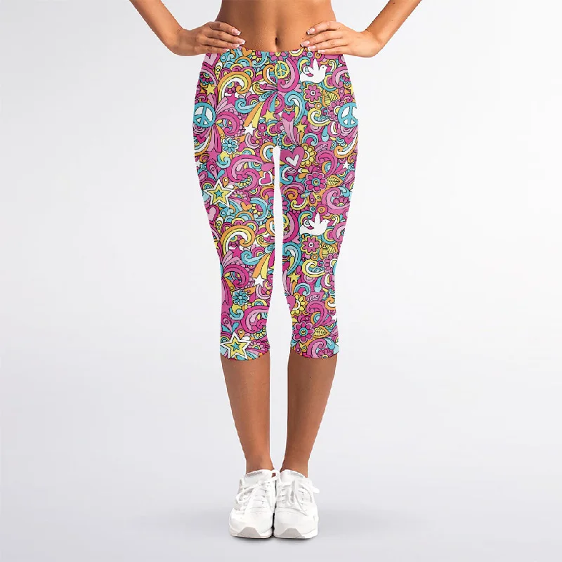 Groovy Girly Peace Pattern Print Women's Capri Leggings Cozy Sweat-Wicking Leggings