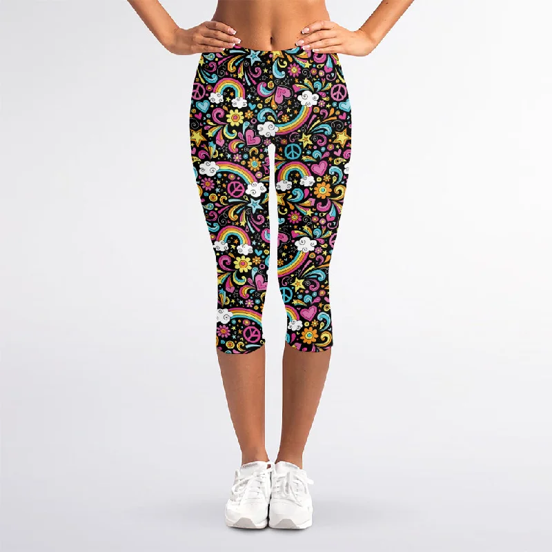 Groovy Hippie Peace Pattern Print Women's Capri Leggings Fashionable Seamless Leggings