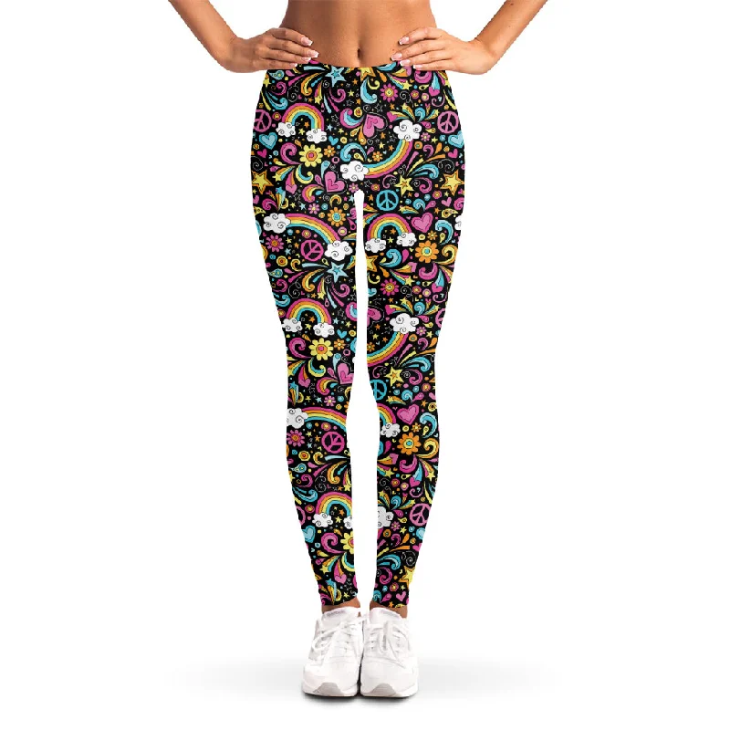 Groovy Hippie Peace Pattern Print Women's Leggings Trendy Seamless Sports Leggings