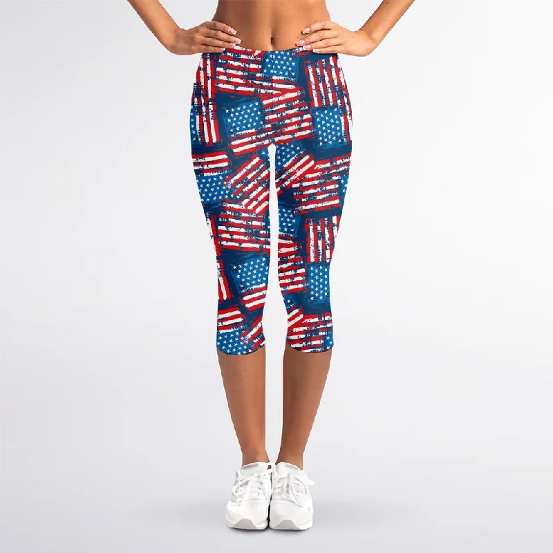 Grunge American Flag Pattern Print Women's Capri Leggings Chic Floral Print Leggings