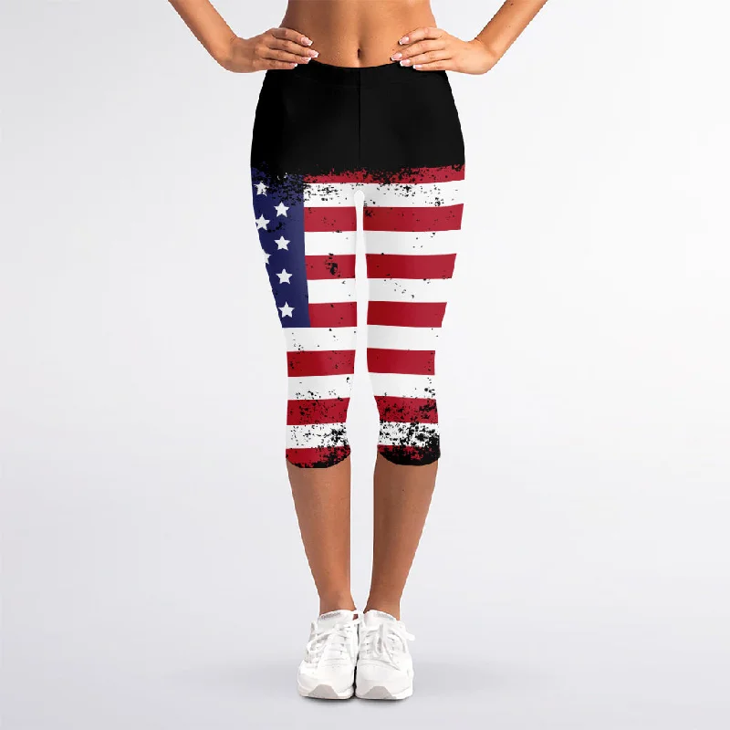 Grunge American Flag Print Women's Capri Leggings Trendy Sports Performance Leggings