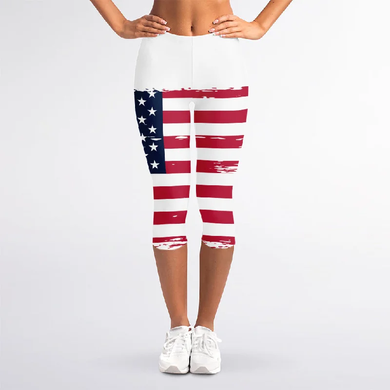 Grunge Flag Of USA Print Women's Capri Leggings Comfortable Plus Size Leggings