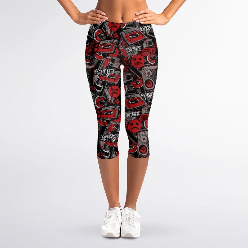 Grunge Graffiti Pattern Print Women's Capri Leggings Casual Slim-Fit Leggings