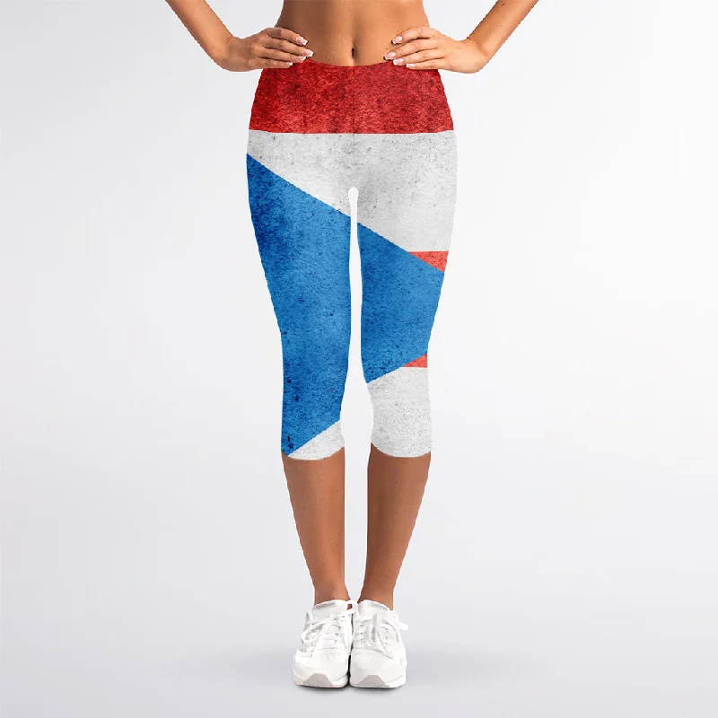 Grunge Puerto Rican Flag Print Women's Capri Leggings Trendy Activewear Leggings