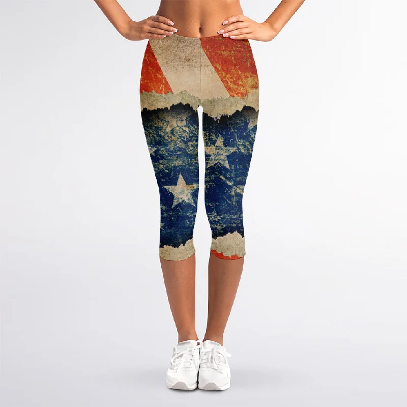 Grunge Ripped Paper American Flag Print Women's Capri Leggings Stylish Ankle-Length Leggings