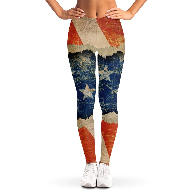 Grunge Ripped Paper American Flag Print Women's Leggings Trendy High-Compression Leggings