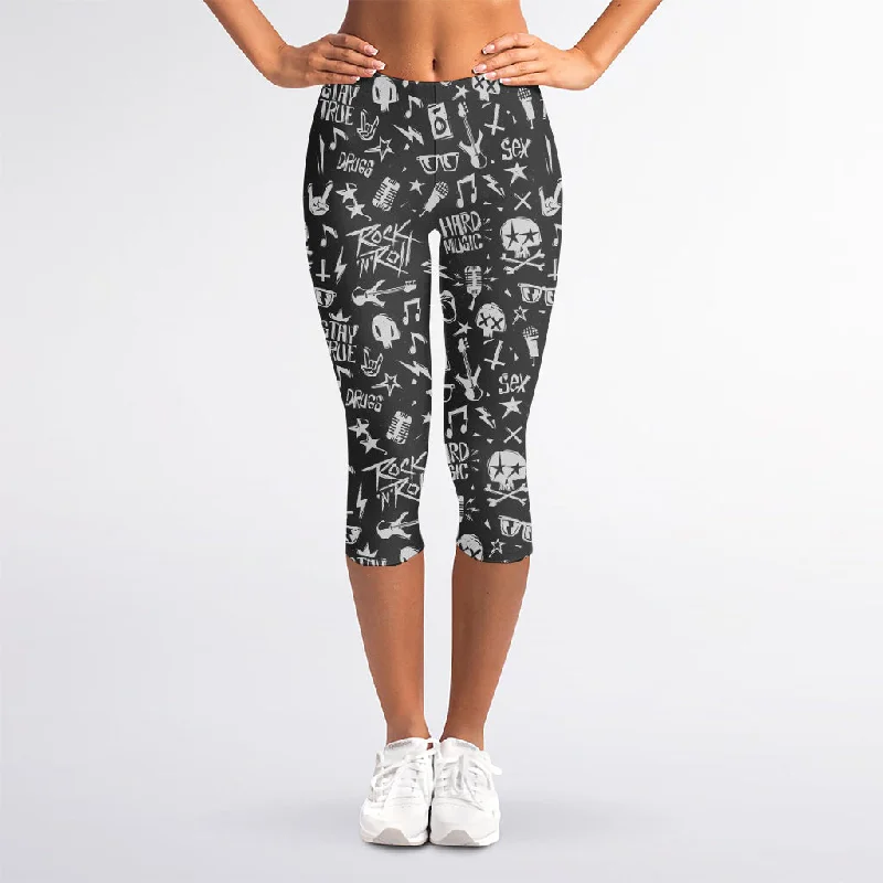 Grunge Rock And Roll Pattern Print Women's Capri Leggings Trendy Cut-Out Activewear Leggings