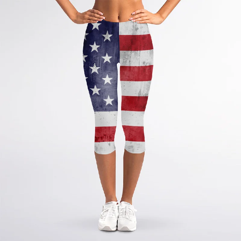 Grunge USA Flag Print Women's Capri Leggings Chic Workout Leggings