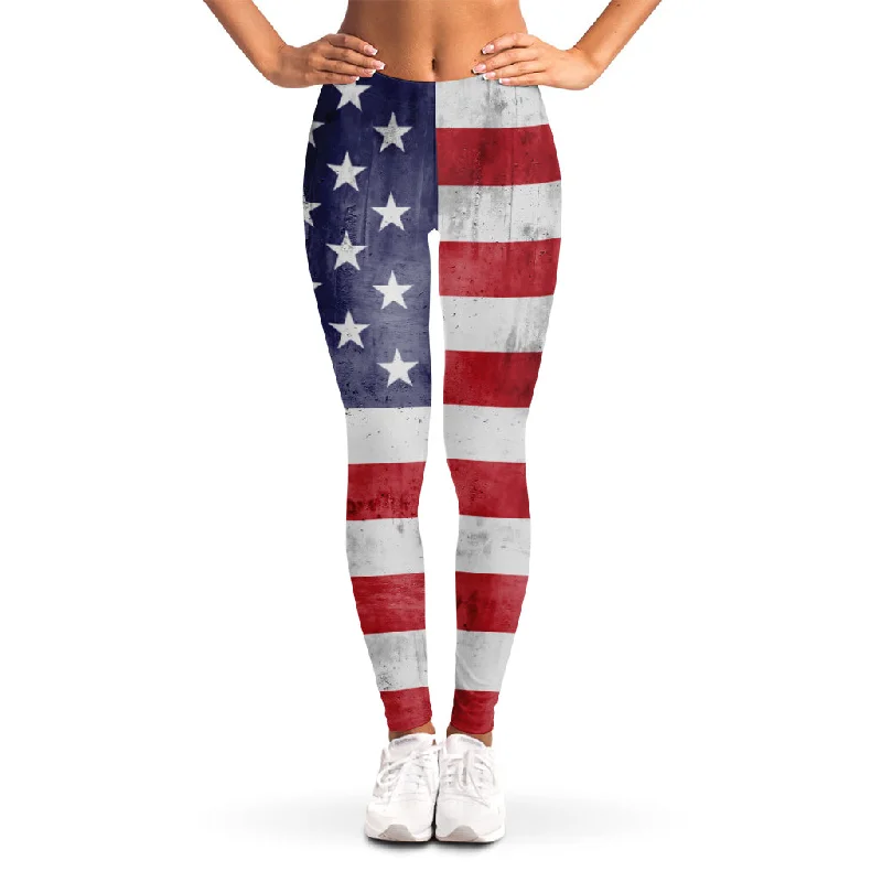 Grunge USA Flag Print Women's Leggings Comfortable Leggings with Pockets