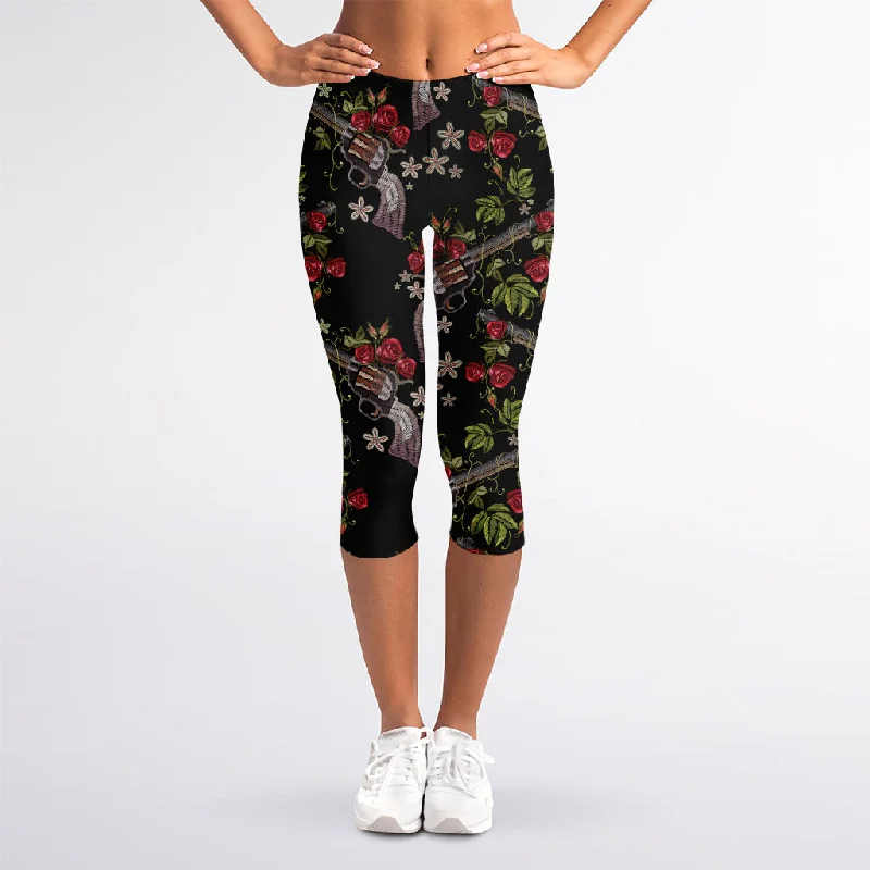 Guns And Flowers Pattern Print Women's Capri Leggings Fashionable Printed Leggings