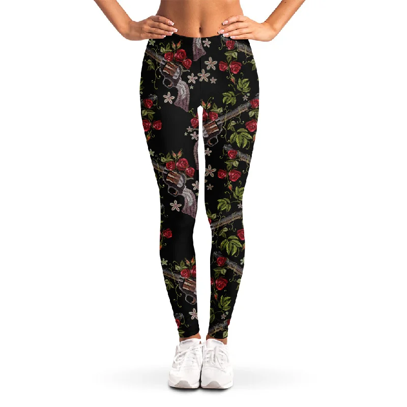 Guns And Flowers Pattern Print Women's Leggings Fashionable Solid Color Tights