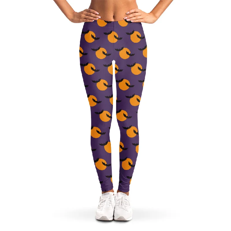 Halloween Bat And Moon Pattern Print Women's Leggings Trendy Cold Weather Tights