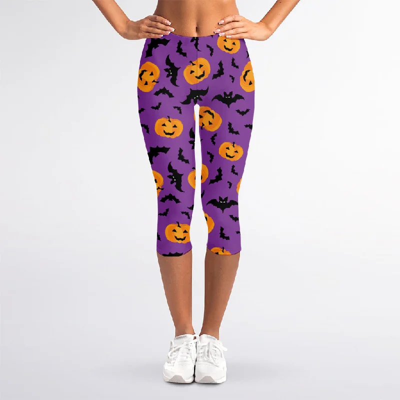 Halloween Bat And Pumpkin Pattern Print Women's Capri Leggings Stylish Lightweight Leggings