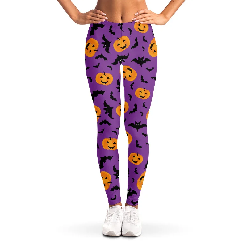 Halloween Bat And Pumpkin Pattern Print Women's Leggings Trendy Sporty Compression Leggings