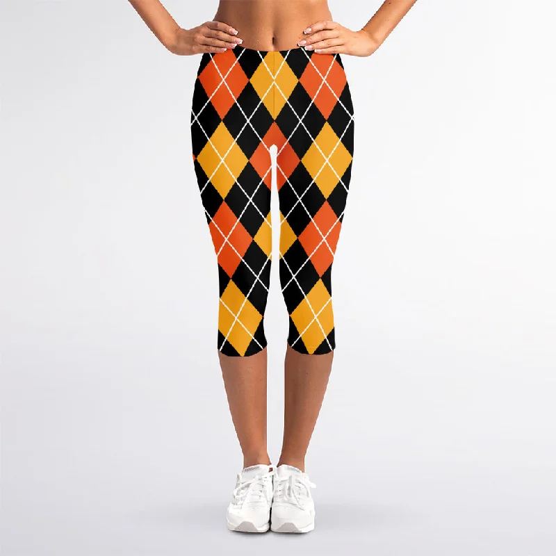 Halloween Black And Orange Argyle Print Women's Capri Leggings Fashionable Full-Length Active Leggings