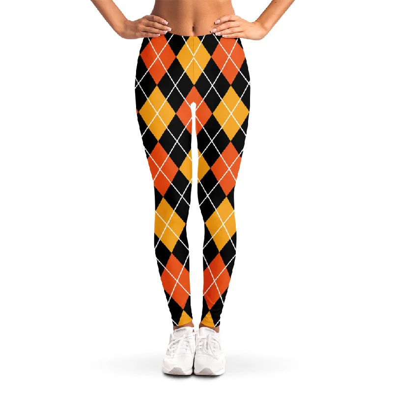 Halloween Black And Orange Argyle Print Women's Leggings Comfortable Ribbed Waistband Leggings