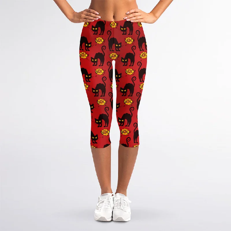 Halloween Black Cat Pattern Print Women's Capri Leggings Fashionable Quick-Dry Yoga Pants