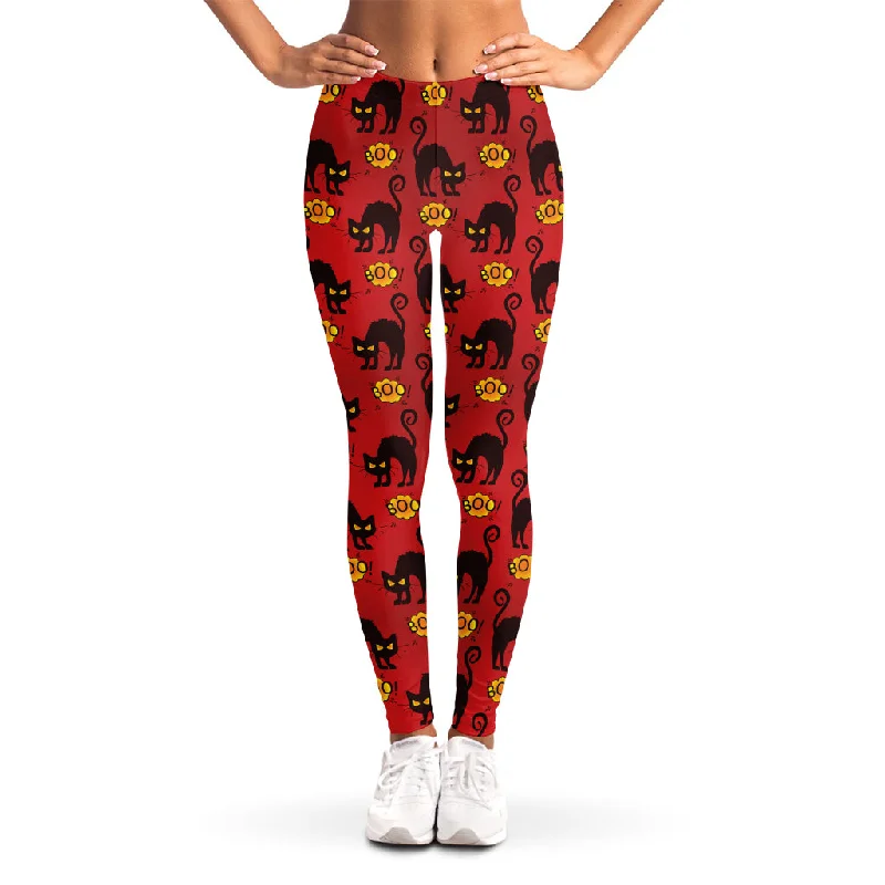 Halloween Black Cat Pattern Print Women's Leggings Trendy Fitness Leggings