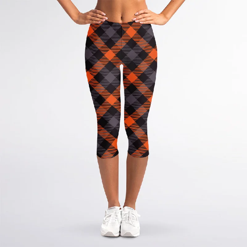 Halloween Buffalo Check Pattern Print Women's Capri Leggings Trendy Seamless Sports Leggings