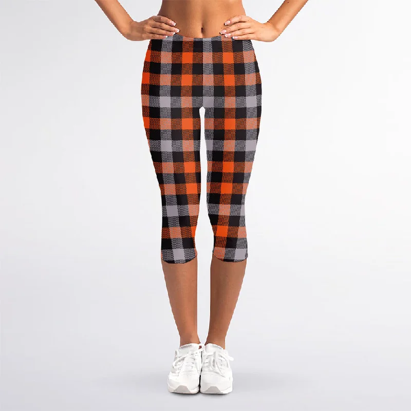 Halloween Buffalo Plaid Print Women's Capri Leggings Stylish Colorful Activewear Leggings